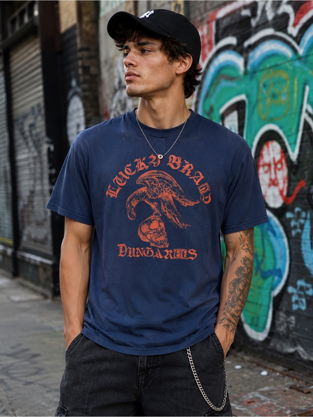 Lucky Brand Dungarees Eagle Skull Graphic T-Shirt Navy Blue Vintage Wash Large